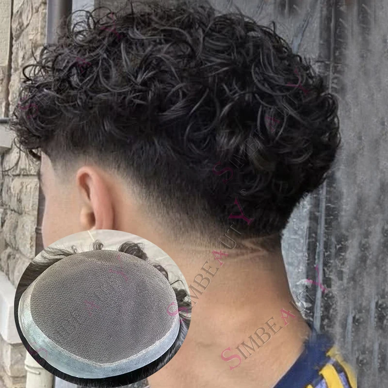 20mm 곱슬머리 감지 불가능한 내구성 있는 얇은 PU 호주 레이스 남성용 부분 가발 100% 인모 # 1b 블랙 다크 브라운 # 2 28m 25mm 컬 시스템