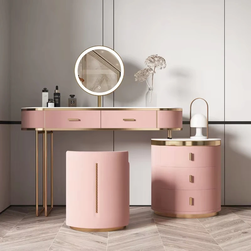 Simple light luxury solid wood panel dresser bedroom girly pink dressing table