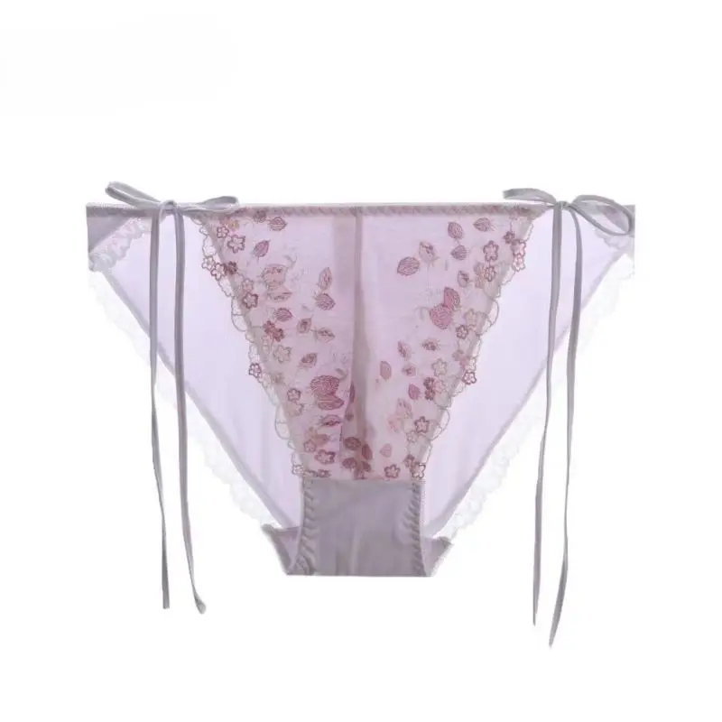 

Man's Cute Panties Milk Silk Lace Embroidery Bow Briefs Sissy Lace Up Low Waist Bulge Underpants BF Gift Erotic Lingerie Party