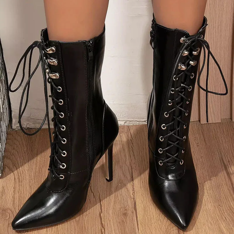 

Ladies Large Strap High Heel Boots Black Thin Stiletto Heel Front Lace Up Pointed Women Boots Winter