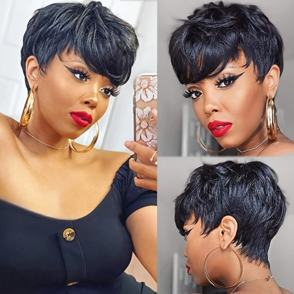 ピクシーカット ウェーブのかかった人毛ウィッグ 女性用 フルマシンメイドウィッグ ショートレイヤード ウェーブのかかったウィッグ 前髪付き