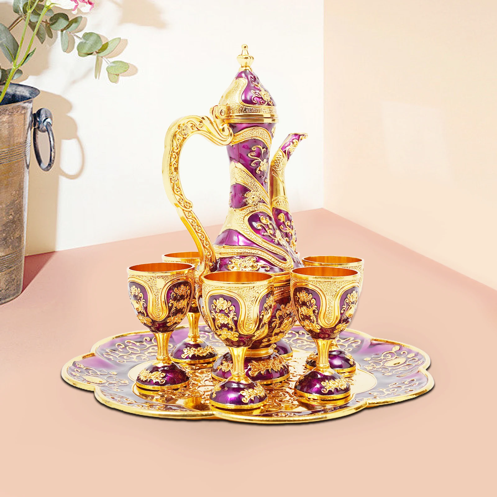 

Twill Tea Set (Wine Set, 1 Pot, 6 Cups) - Purple For Serving Tea, Coffee, Wine, Cappuccino, Milk Tea, Whiskey, Brandy
