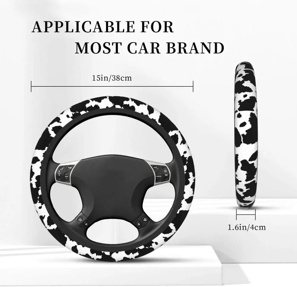 Black and White Cow Fur Print Steering Wheel Covers, Breathable Anti-Slip Sweat Absorption Universal 15 Inch Car Wheel Cover Acc