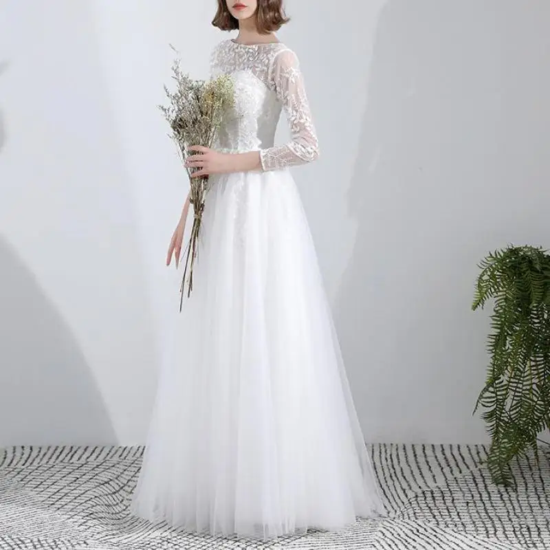 New Tulle Wedding Dresses Classic O-neck Bridal Dress With Lace Illusion Sleeve Elegant Simple Long A Line Sukienka Na Wesele