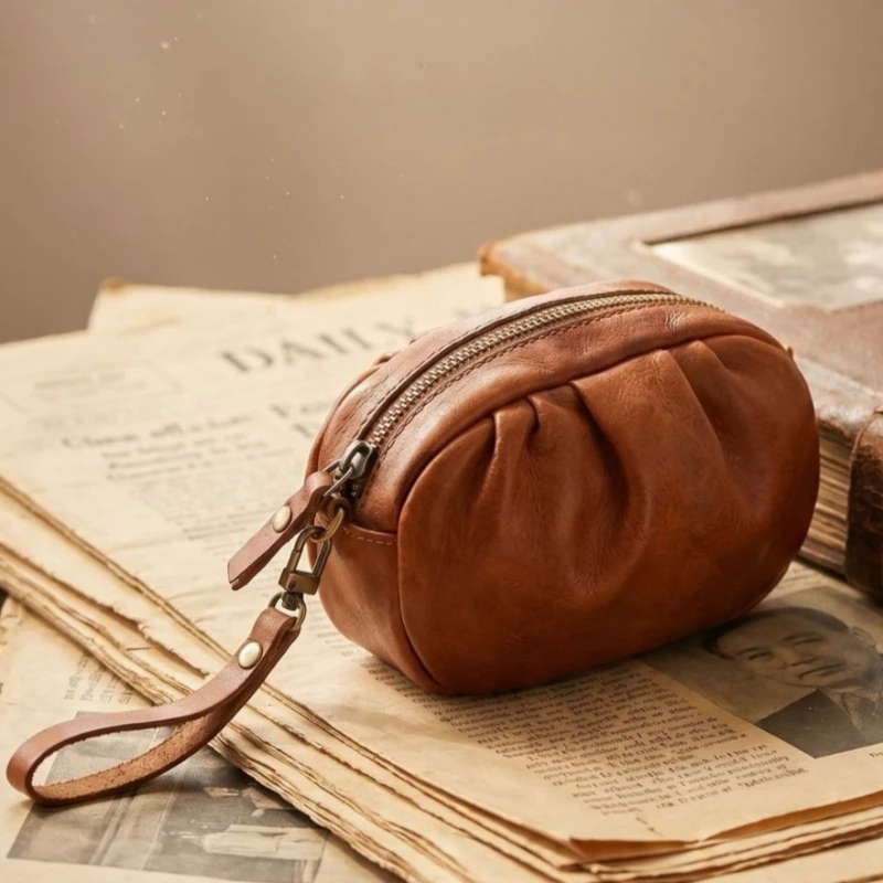 Women Leather Wristlet Small Wallet, Ruched Vintage Zipper Coin Purse, Organizer for Coins, Credit Cards, AirPods & USB Drives
