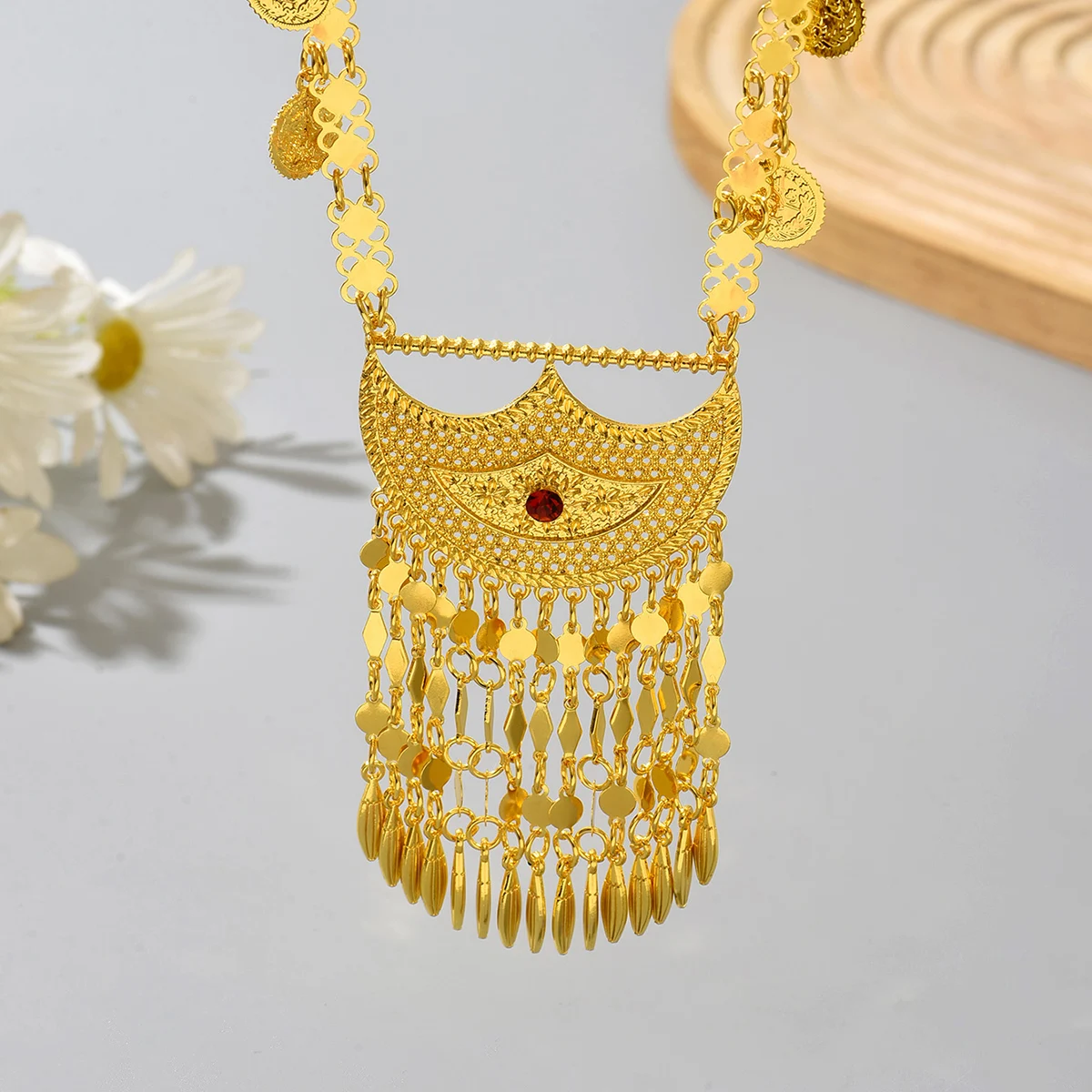 Middle Eastern-style coin tassel pendant necklace, women's golden carved ethnic style neck chain, matching for banquet gowns image 6