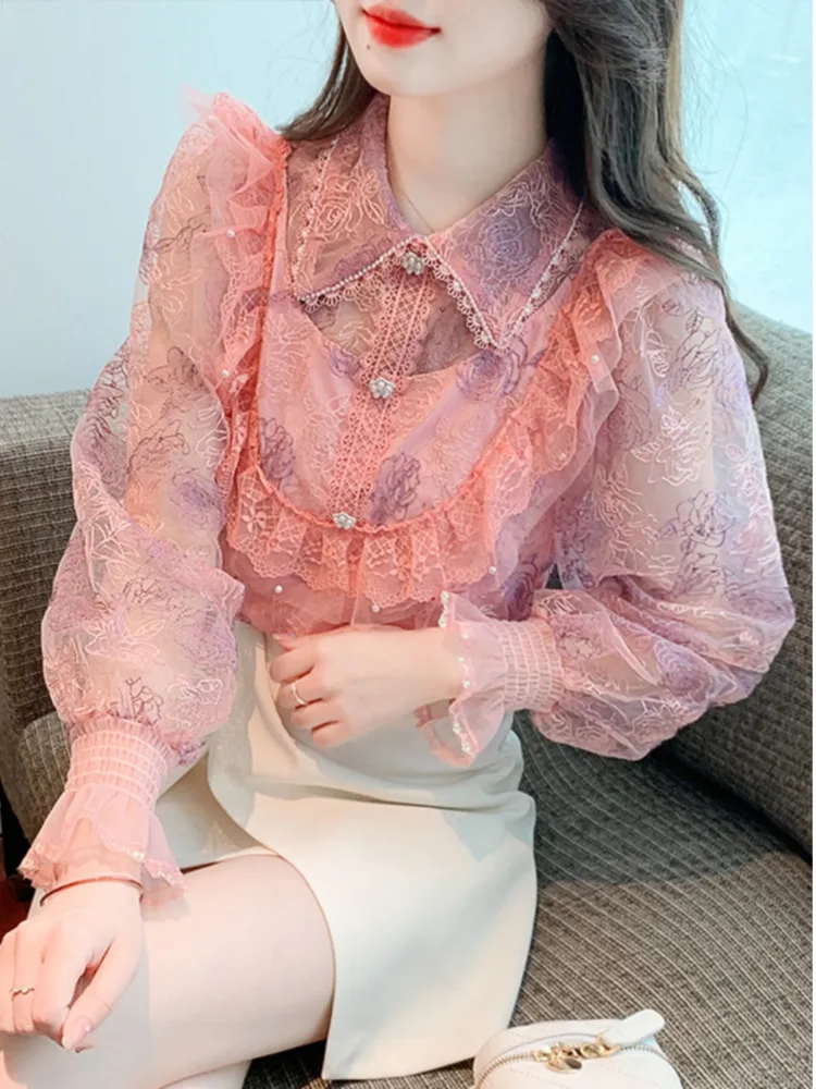 #3256 Spring Summer Lace Blouse Femme Polo Collar Vintage Split Joint Ruffles Mesh Perspective Women Shirts Slim Thin Embroidery