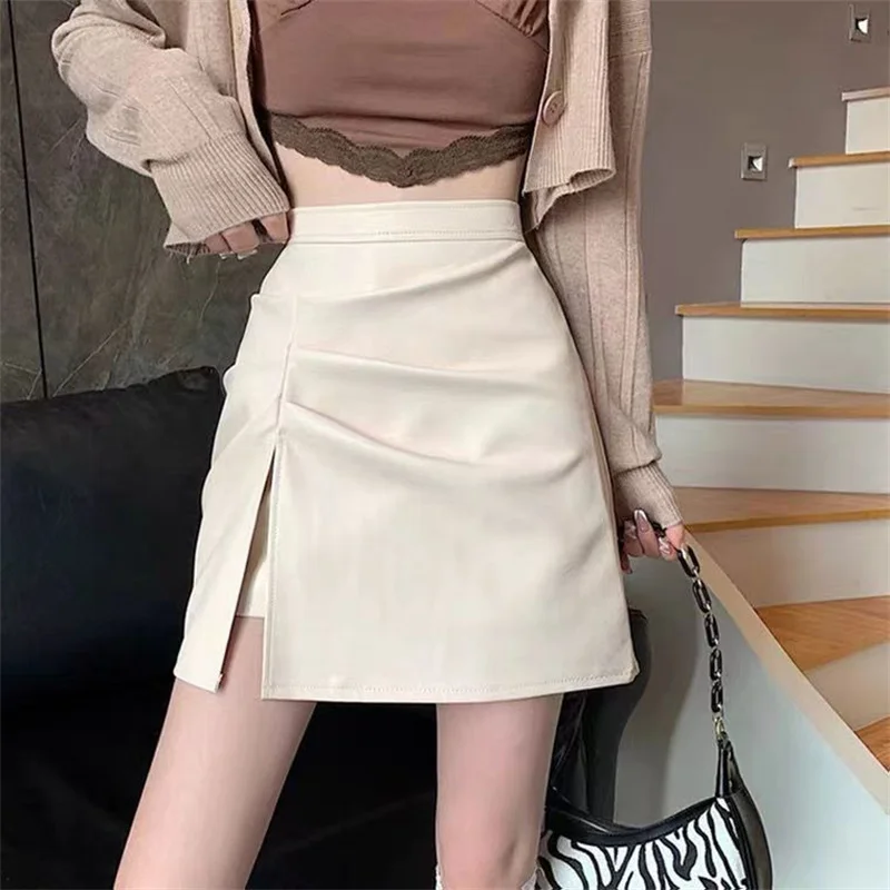 

Sexy Side-slit PU Leather Mini Skirts Women Slim High Waist Anti Glare A-line Buttocks Wrapped Shorts Ladies Office Solid Skorts