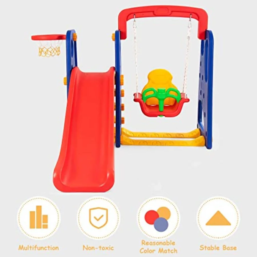 幼児用4in1スライド＆スイングセット、自立式クライマースライドプレイセット（男の子、女の子向け）、バスケットゴール付き、エクストラロングスライド