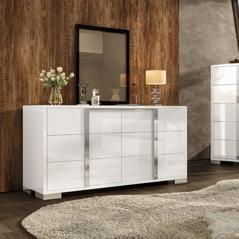 Commodes à 6 tiroirs haute brillance de 54 po de largeur avec poignées rainurées argentées, commode de rangement moderne avec plateau large, pour chambre à coucher