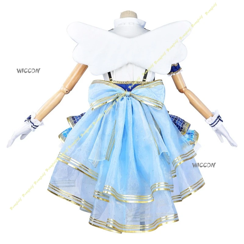 الفتيات اللباس ألعاب أنيمي تأثيري ازياء الباروكات LoveLive! تنورة قصيرة بنمط منقوشة باللون الأزرق اللطيف من Sonoda Umi لعيد الميلاد والهالوين