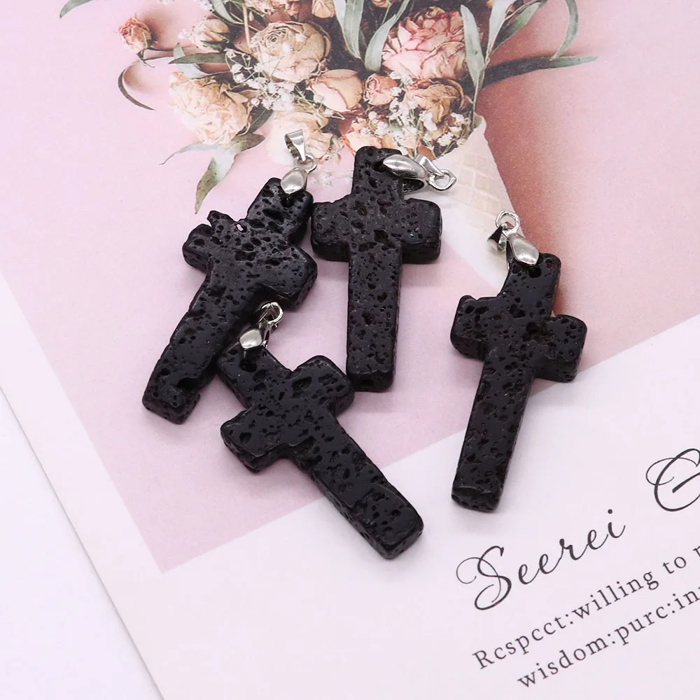 1pc Creative Cross Black Molten Rock Pendant Natural Volcanic Stone Cross Fashion Jewelry Necklace Making Supplies Accessories