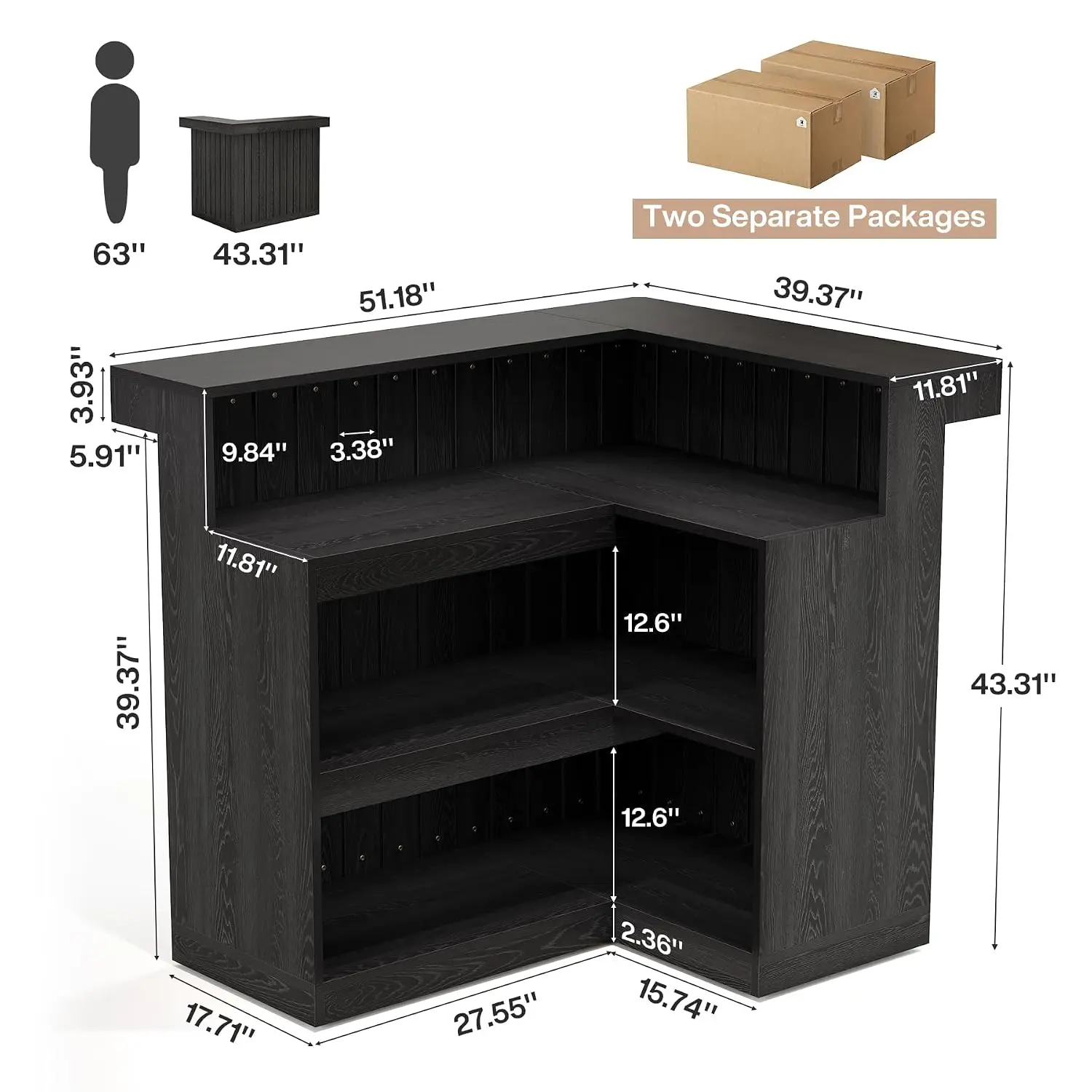 L Shaped Bar Table 4-Tier Storage Wine Table Glass Holders Counter Height Pub Table Shelves Basement Living Room, Customized