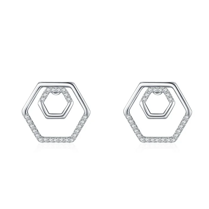 

2024 New Sterling Silver Fine S925 Zircons Geometric Hexagon Stud Earrings for Women