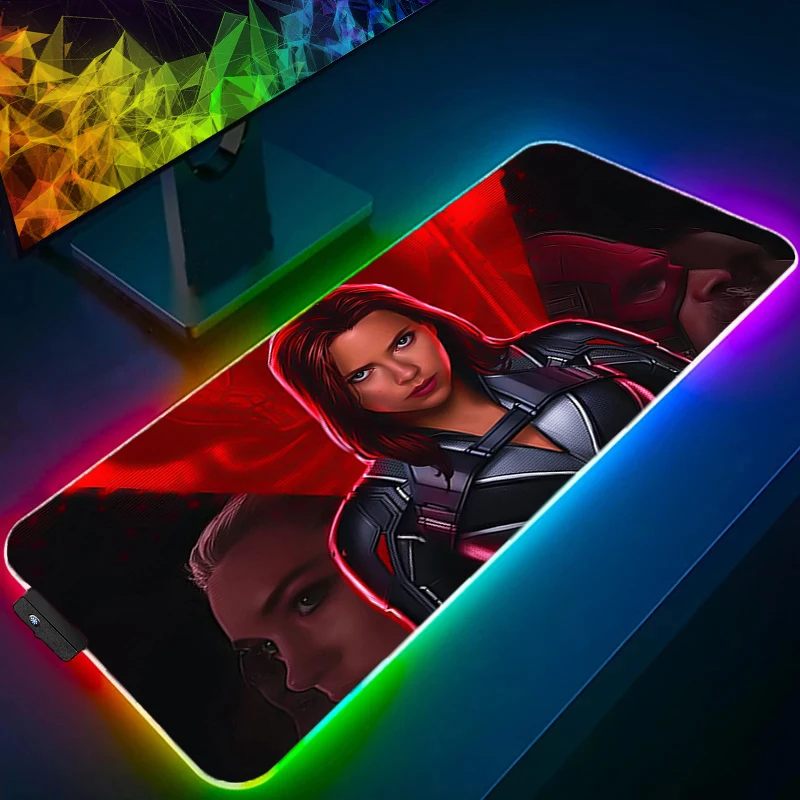 Alfombrilla de ratón RGB, juego de viuda negra, retroiluminación de goma, teclado de Pc, portátil, Kawaii, ordenador, velocidad, LED, alfombrilla de escritorio, accesorios para juegos, alfombrilla para ratón