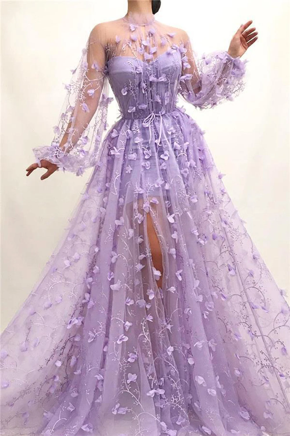 Casual Lilac 3D Flowers Long Sleeves A-line Evening Dresses Embroidery High Neck Appliques Side Split Formal Party Prom Gowns