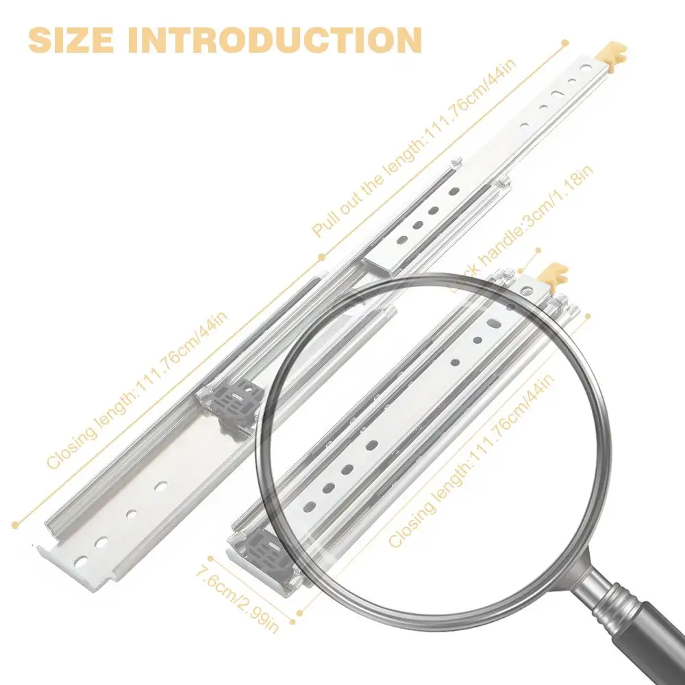 

1 Pair 44 Inch Locking Drawer Slides Side Mount Full Extension Ball Bearing Sliding Rails Cold-Rolled Steel for Tool Box Storage