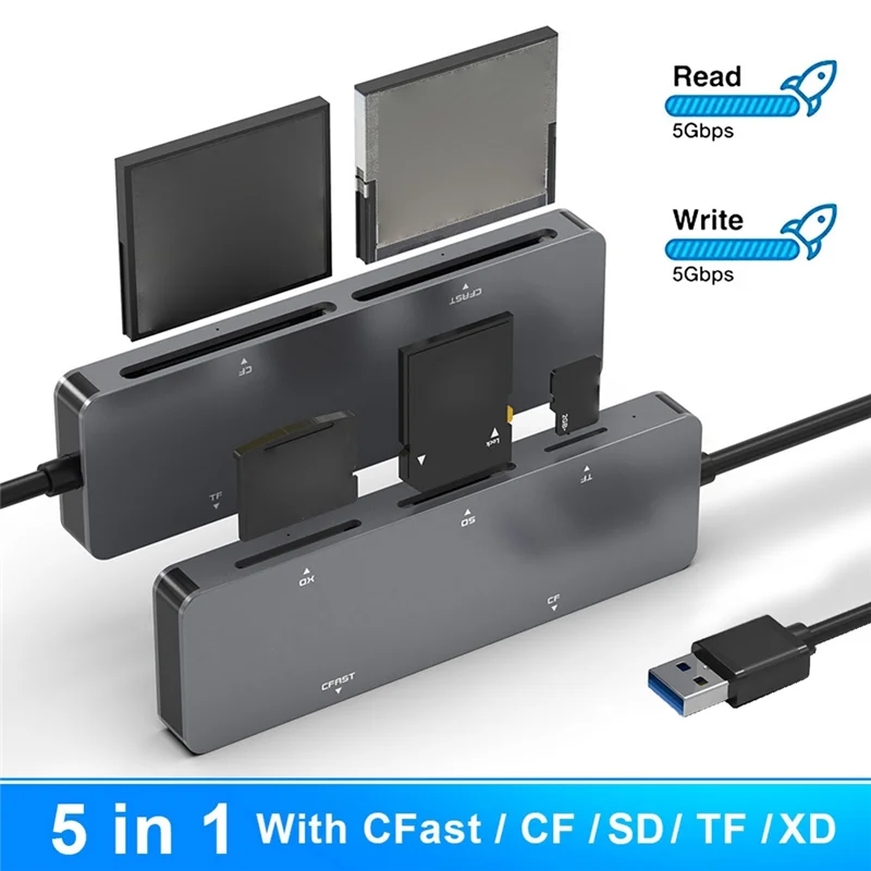 USB 3.0 Multifunction Card Reader, CF, XD, SD, TF Card Reader, 5 em 1, 5Gbps para PC, Laptop Acessórios