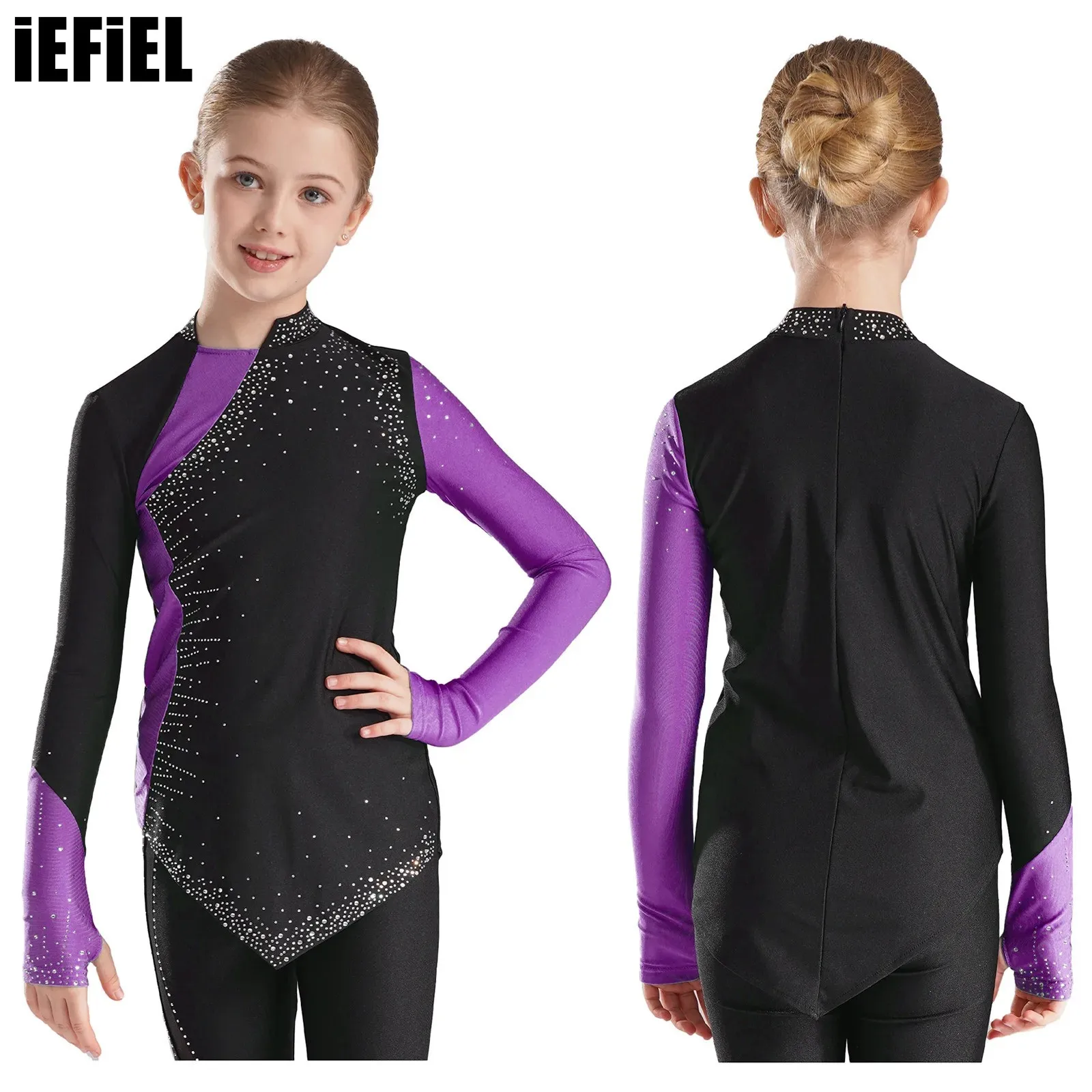 

Kids Girls Sparkly Rhinestones Dance Sweatshirt Contrast Color Long Sleeve Irregular Pullover Tops for Figure Skating Dance