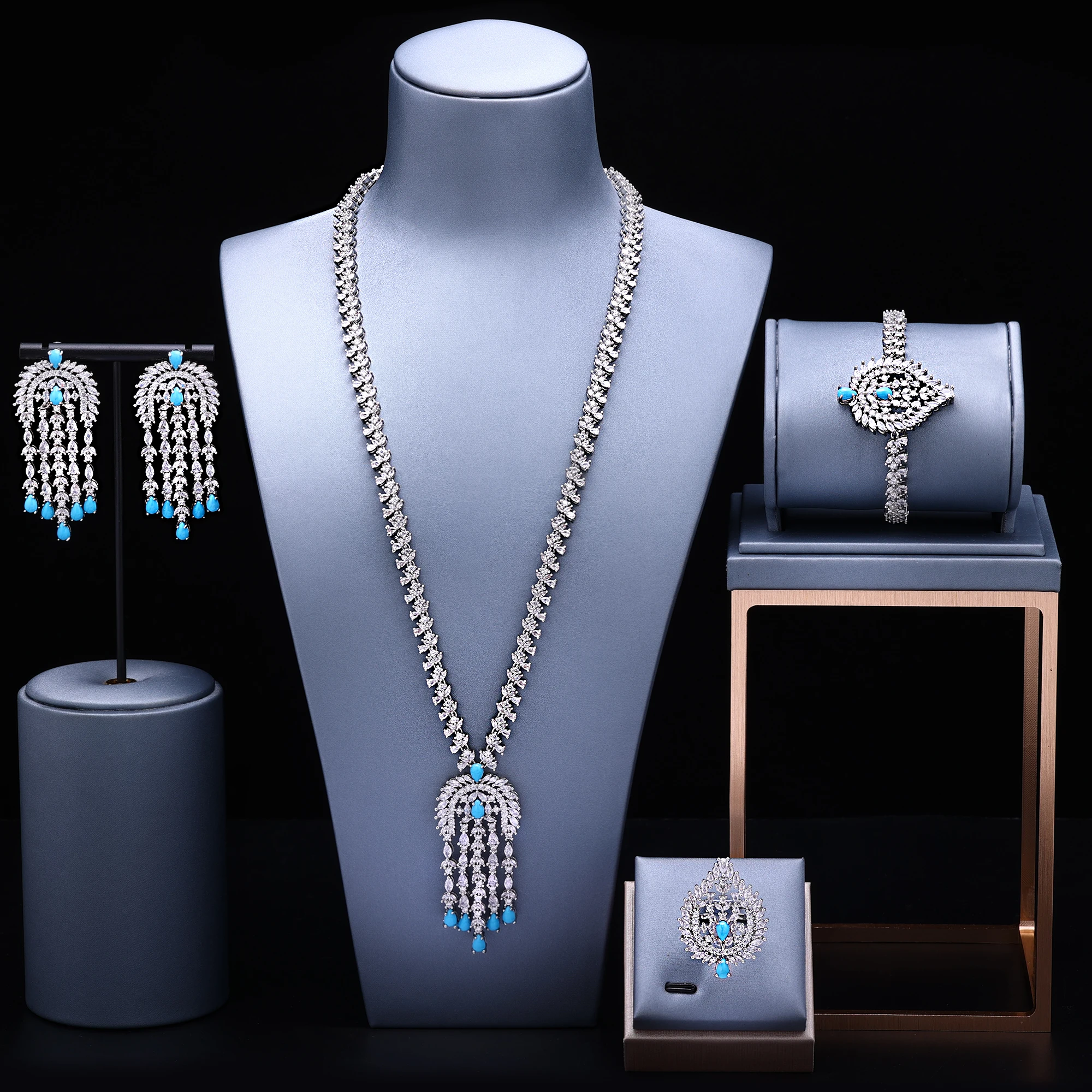 

New Turquoise Zircon Jewelry Set 4 Pieces Bridal Wedding Jewelry Set Luxury Necklace and Earrings Set for Brides