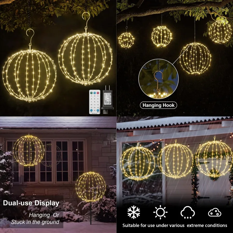 

2 Pack Christmas Ball Light, 12IN Foldable Metal Sphere Lights, Connectable Waterproof 16 Modes with Timer, Hanging Tree Globe