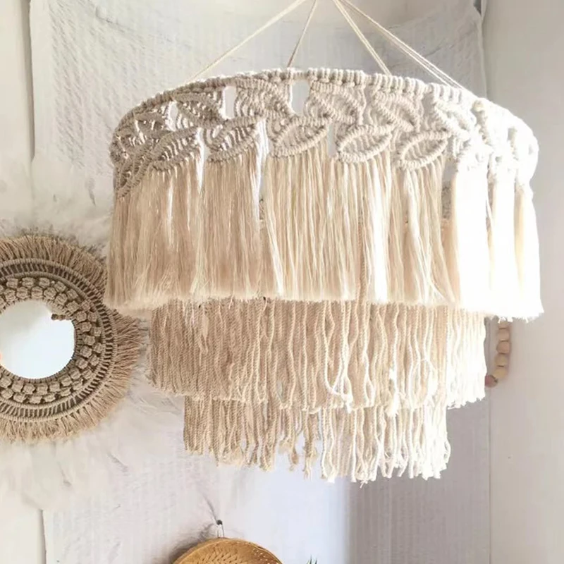 Nordic Macrame Woven Tapestry Lampshade Boho Tassel Hanging Lamp Cover for Ceiling Pendant Light Chandeliers Bedroom Home Decor