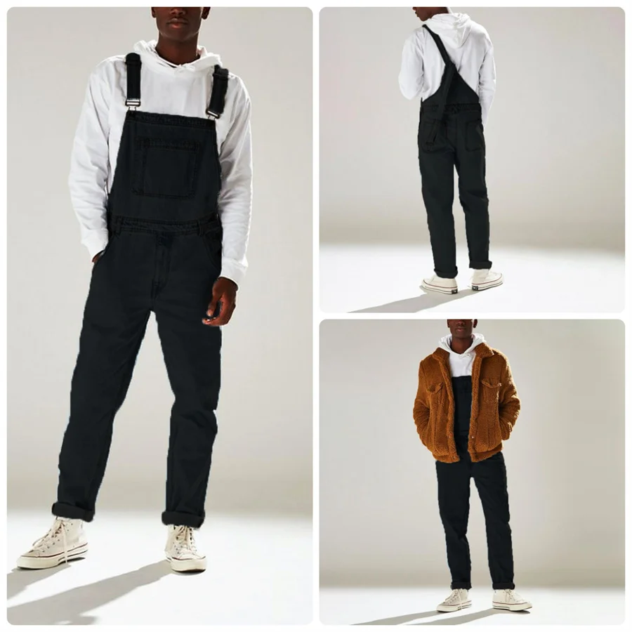 Streetwear Men\'s Solid Color Multi-pocket Denim Jeans Bib Overalls Daily Denim Jumpsuit One-piece Male Suspender Long Pants