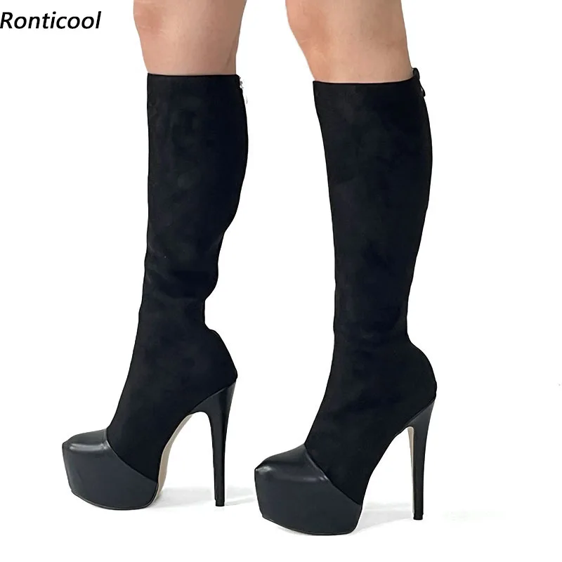 

Ronticool High Quality Women Winter Knee Boots Waterproof Stiletto Heels Round Toe Black Boutique Shoes Ladies Plus US Size 5-20