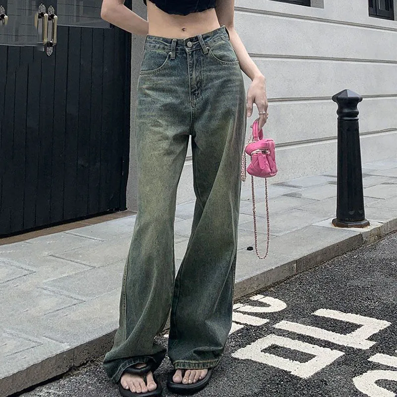 Lucyever Women Vintage Lengthen Straight Jeans Korean High Waist Washed Denim Pants Woman Streetwear Loose Wide Leg Trousers