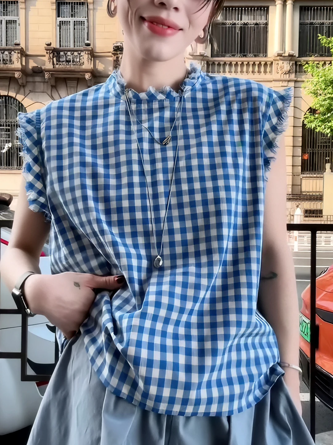 

Корейский летний женский топ-жилет с круглым вырезом, бахромой и цветными блоками в клетку, новая модель, стройнящий, модный, универсальный