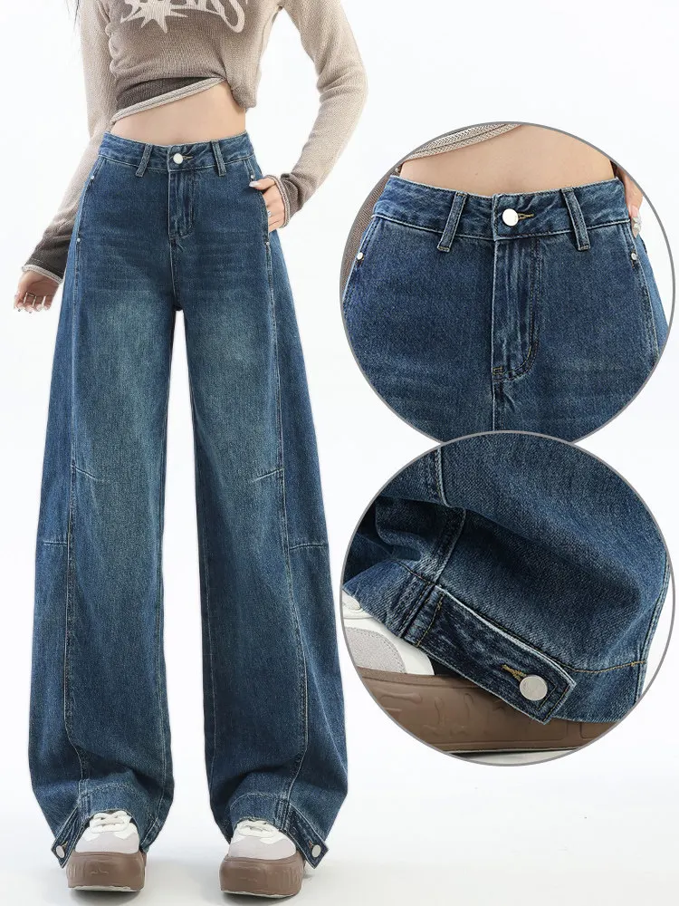 Retro curved knife jeans women's 2025 winter new loose fitting sickle shaped fashion versatile street wide leg pants