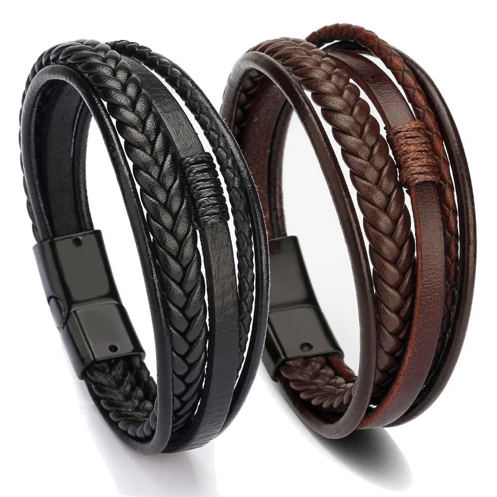 2 stücke Trendy Leder Armbänder Für Männer Edelstahl Armband 21CM Multilayer Geflochtenen Seil Armbänder für Männliche Schmuck geschenke