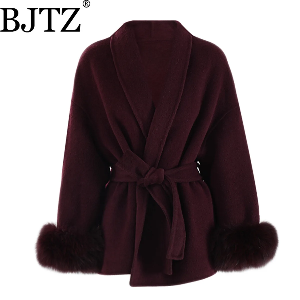 

BJTZ Fur Cuff Design Elegant Temperament Woolen Jacket For Woman 2025 Winter Trend New Lace-up Tie-waist Female Wool Coat