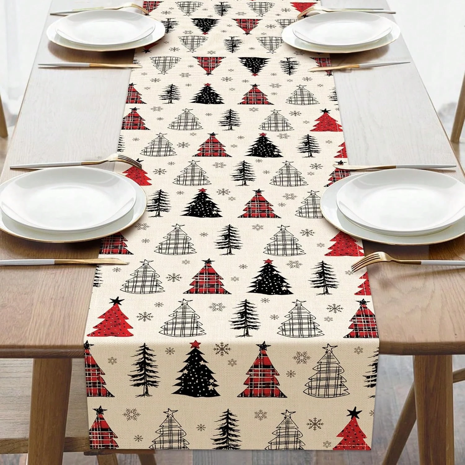 JIT 1 pc Christmas Themed Tree Table Runner Red Black Beige Pattern Ideal For Holiday Party Table Decoration Premium Crafted