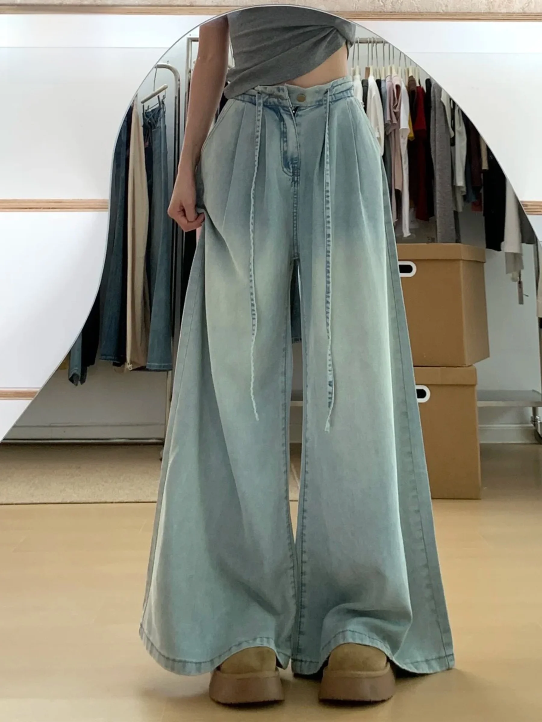 

Светло-голубые американские джинсы с эффектом потертости, широкие, свободные, прямые, длинные брюки для женщин, повседневные, с высокой талией, весна-лето