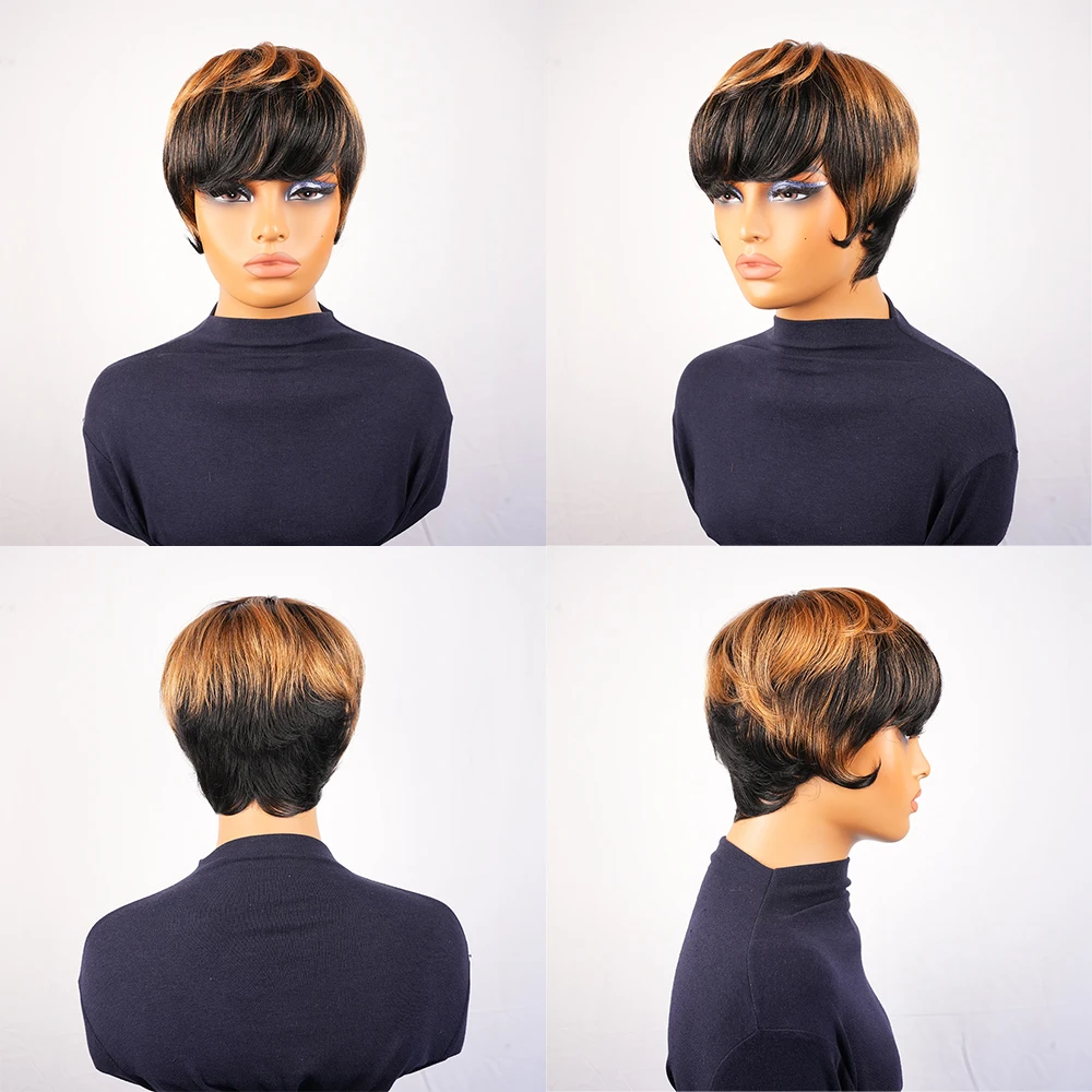 ショートピクシーカット人毛ウィッグ ブロンドハイライトストレートウィッグ 前髪付き レイヤードマシンメイドピクシーカットウィッグ 女性用