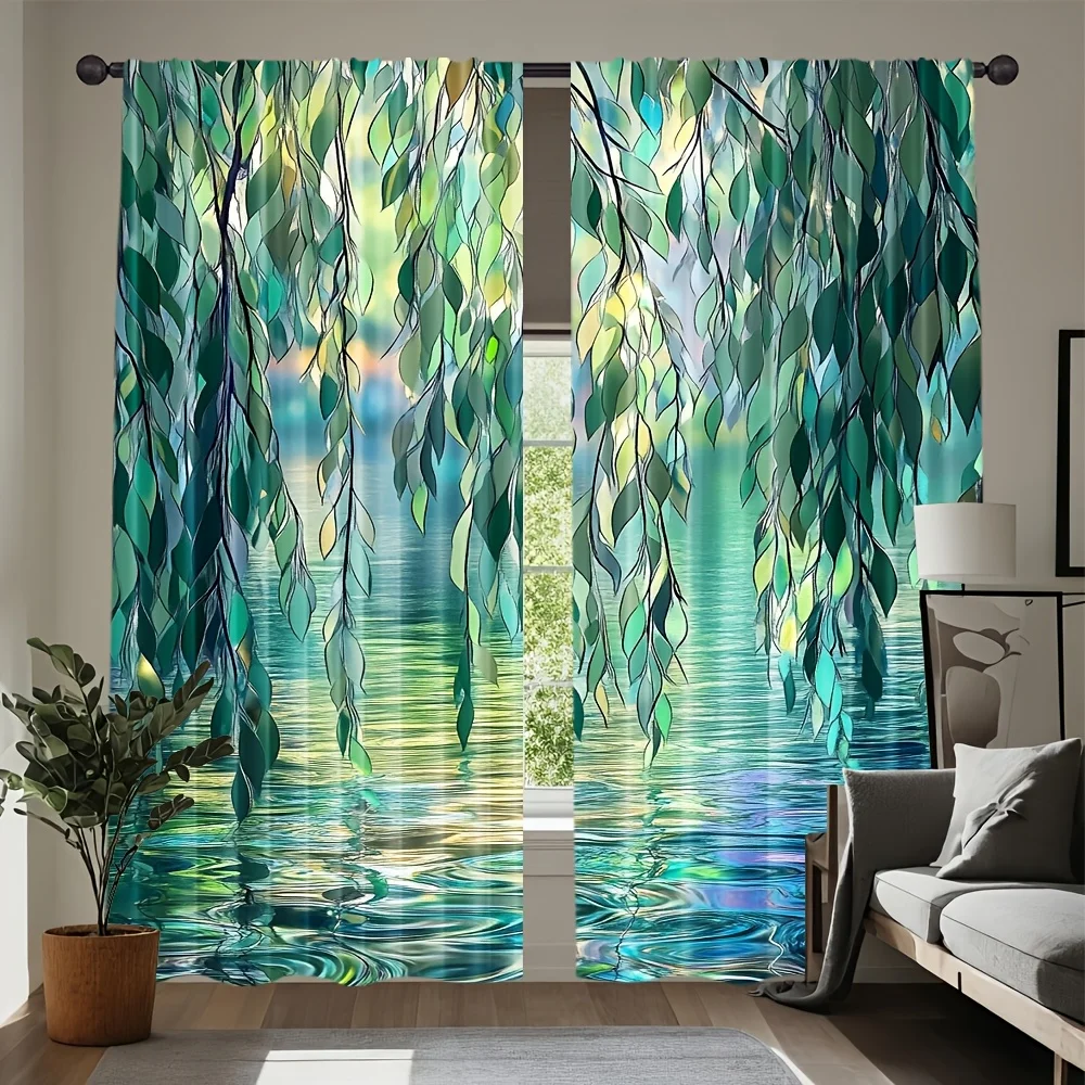 Willow Waterfall Curtains Set of 2 Polyester HD Print Rod Pocket Light Filtering for Bedroom Living Room