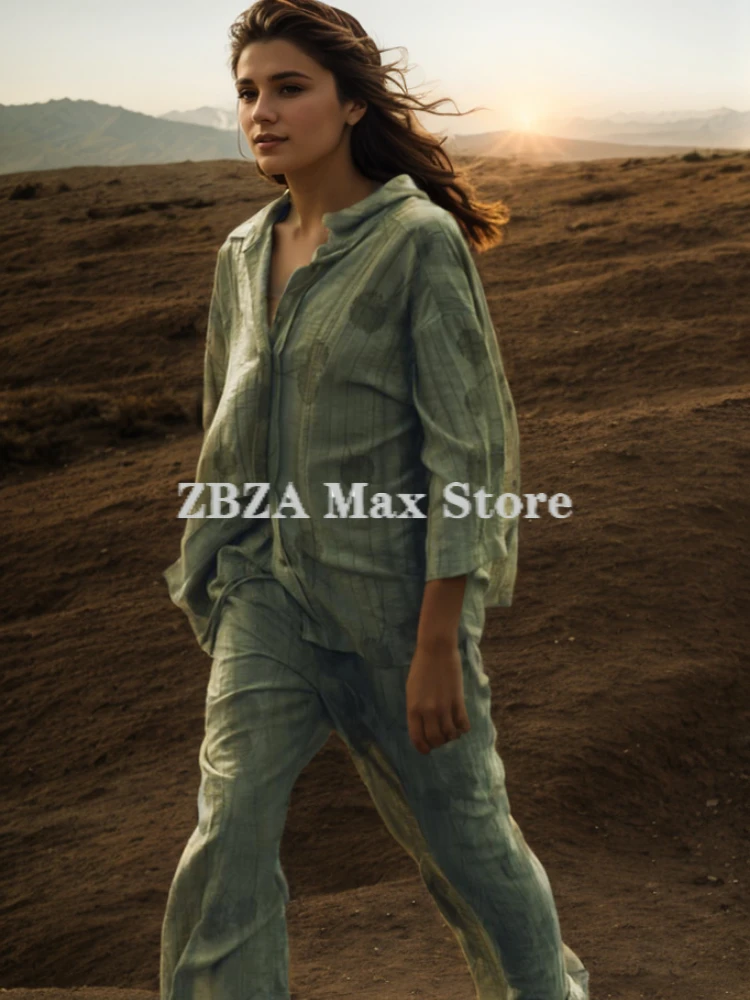 ZBZA Casual Jacquard Shirt Pants Suit Women Lapel Half Sleeve Button Shirts Lace Up Wide Leg Pant Suits Female Streetwear Outfit