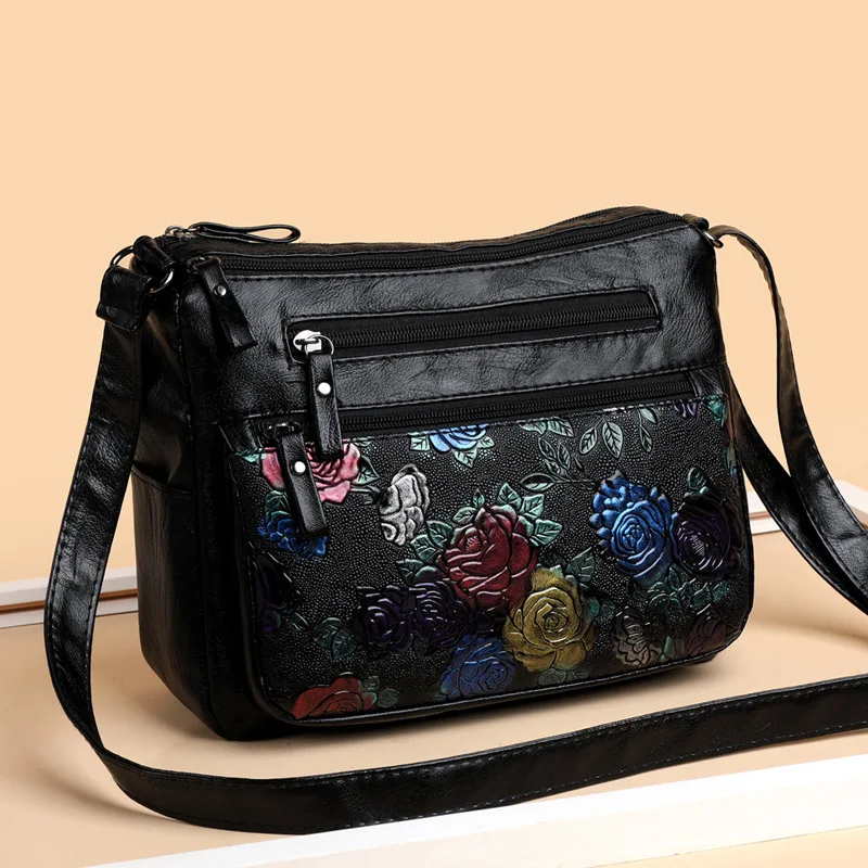

Chic Flower Pattern Pu Leather Crossbody Bag with Multi Layer Zipper Pouch Shoulder Bag for Women Work Travel Parties Daily Use