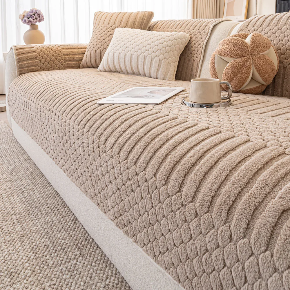 1pcs Winter Solid Color Plush Sofa Mat Thickened Comfortable Soft Anti Slip Dustproof Living Room Furniture Protector