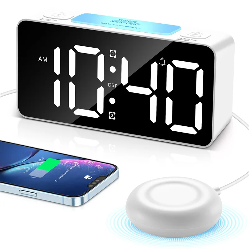 Creative Loud Vibration Alarm Clock Digital Led Mirror Clock With Bed Shaker Adjustable Brightness For Heavy Sleepers Adult Deaf