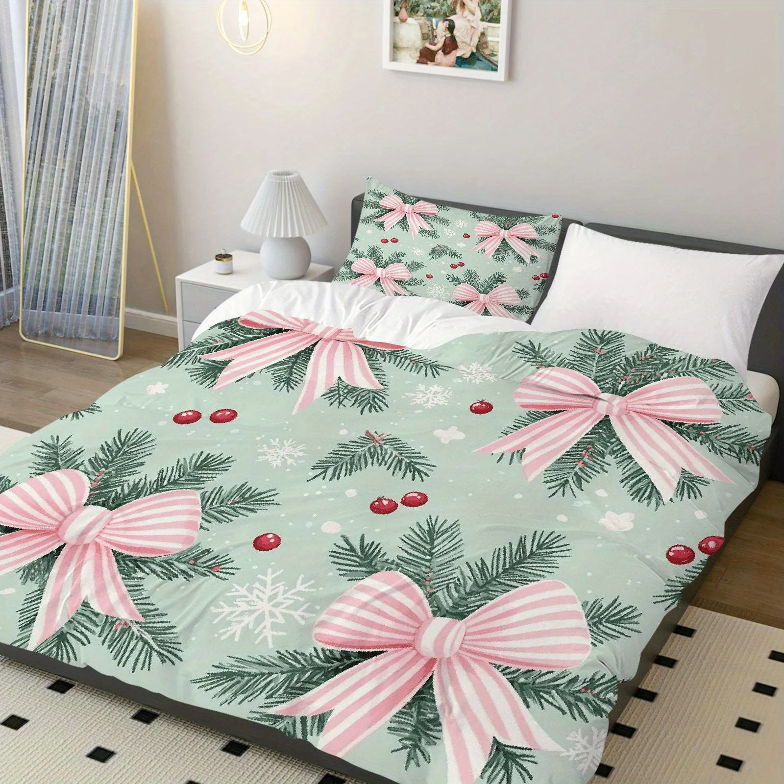 

3pcs Christmas Duvet Cover Set with Pink Bow & Pine Branch Snowflake Berry Design - Soft Polyester Bedding, Zipper Closure