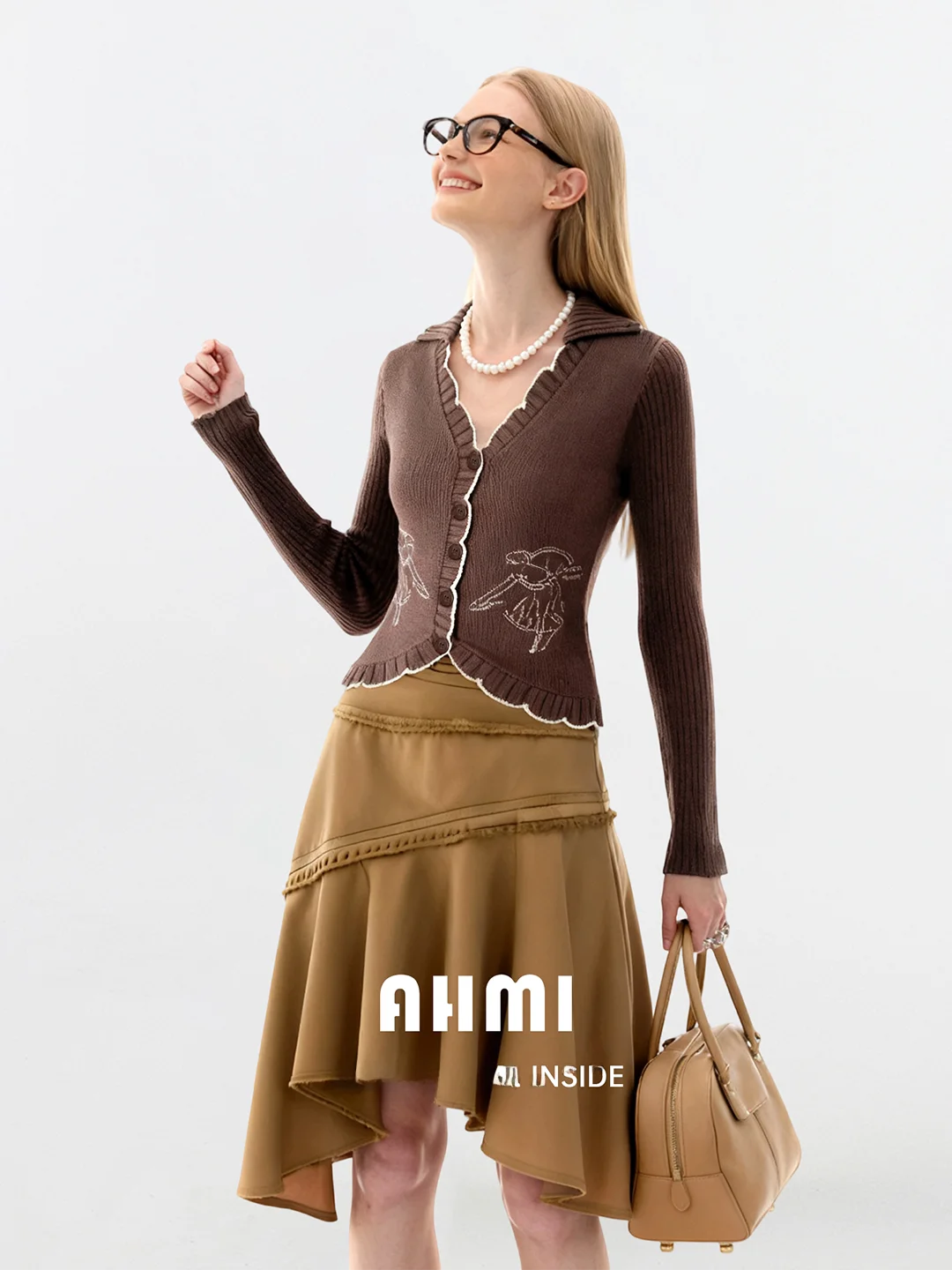 

Женский вязаный кардиган AHMI Caramel Warm Coffee Design с вышивкой и кружевной отделкой, осенне-зимняя новинка