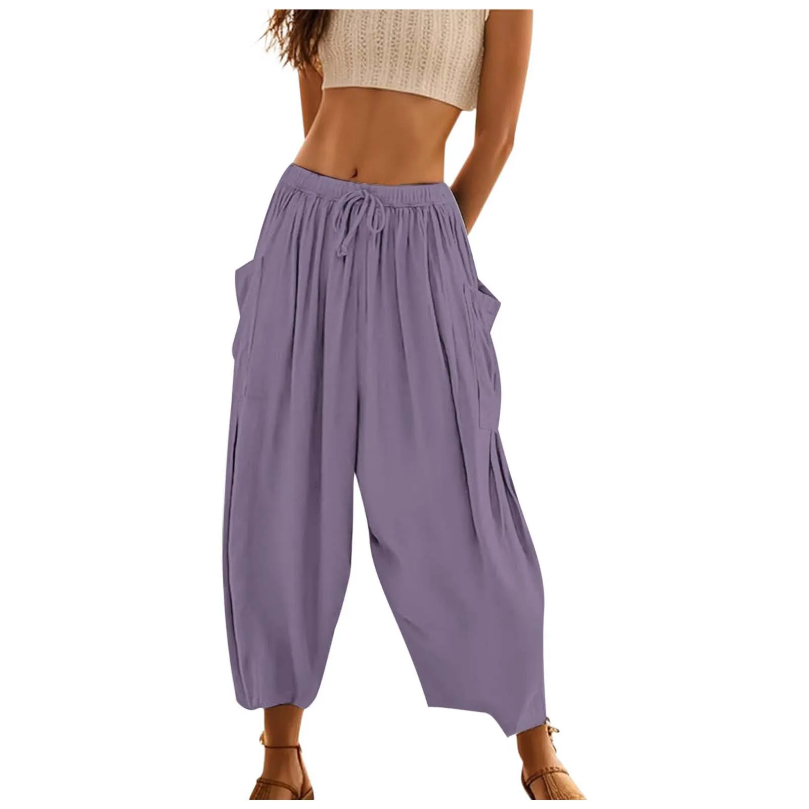 Pantalones acampanados de lino y algodón con cintura elástica para mujer, pantalones bombachos holgados con bolsillos dobles, longitud hasta el tobillo, Verano