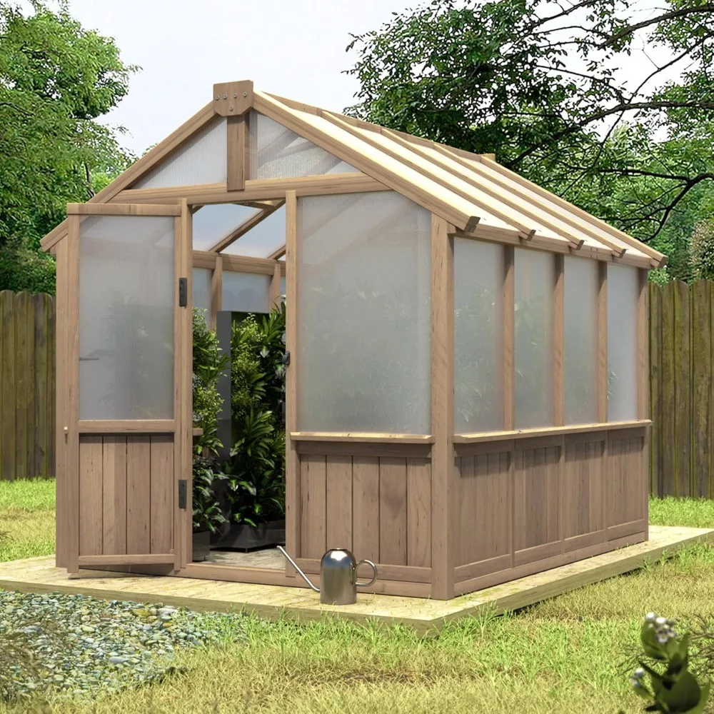 

6 X 8 Ft Wooden Polycarbonate Greenhouse with Ventilation Window and Lockable Door, Walk-in Greenhouse for Backyard, Brown