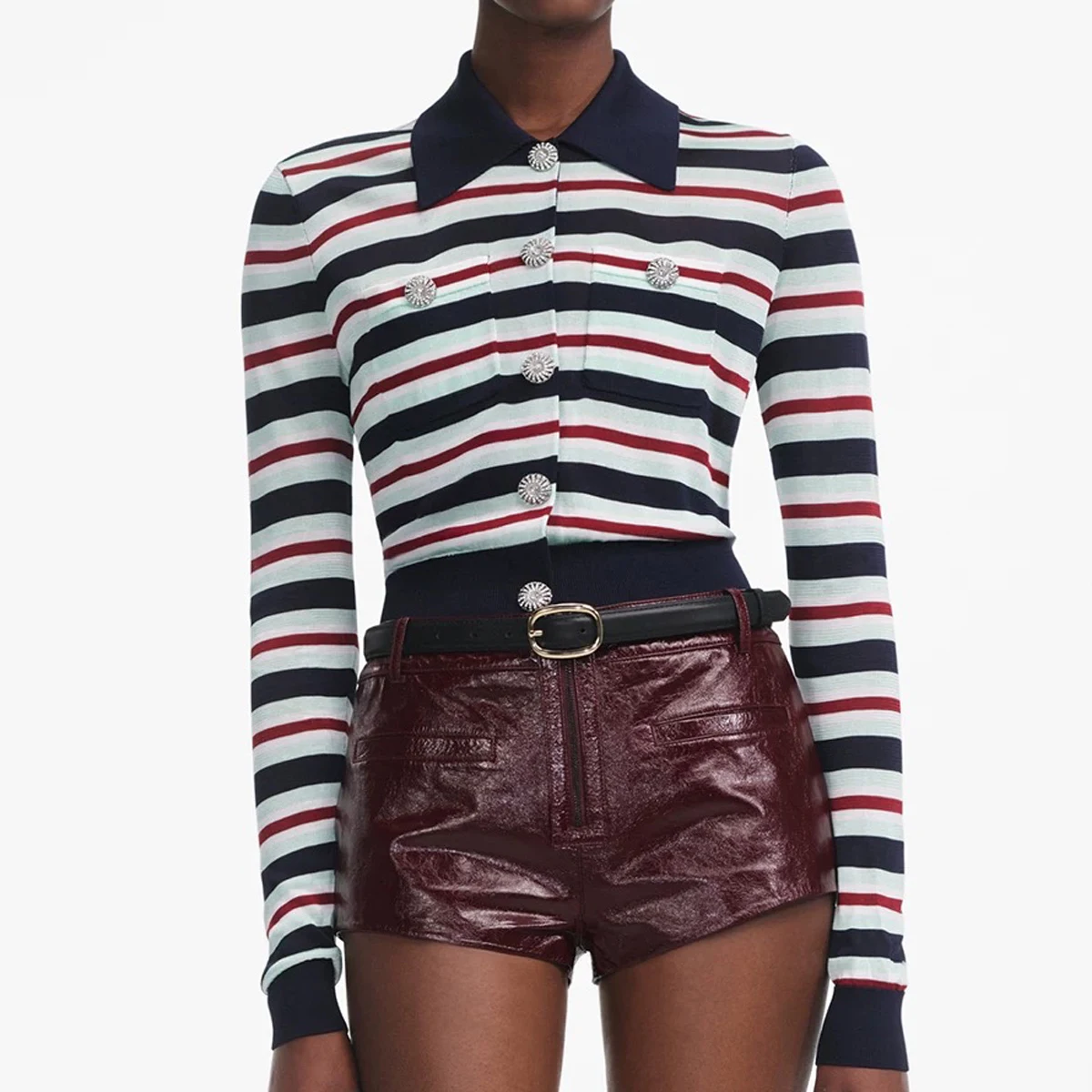 Primavera e outono nova camisola feminina moda clássico listra gola de alta qualidade manga longa cardigan camisola de malha feminina