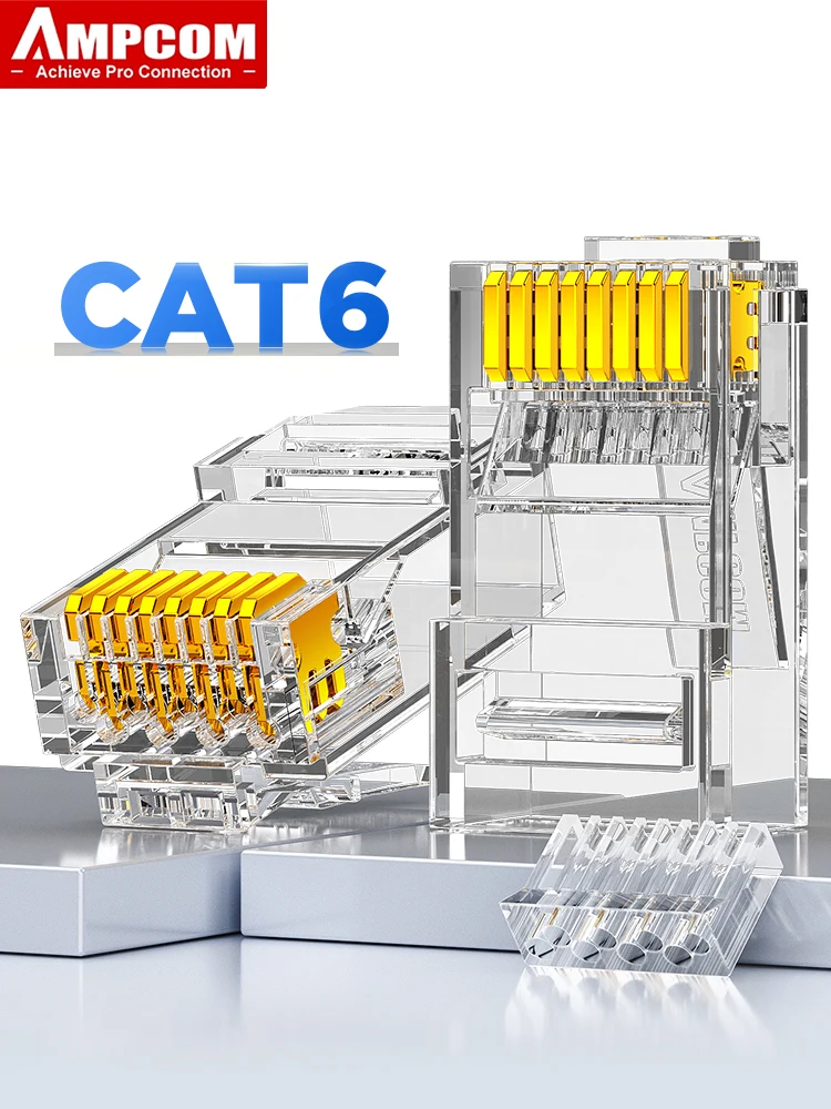 

AMPCOM CAT6 RJ45 Modular Plug Connector UTP 2-piece 50U Gold-Plated Crimp End for Ethernet Cable, Bulk Ethernet Cable Connector