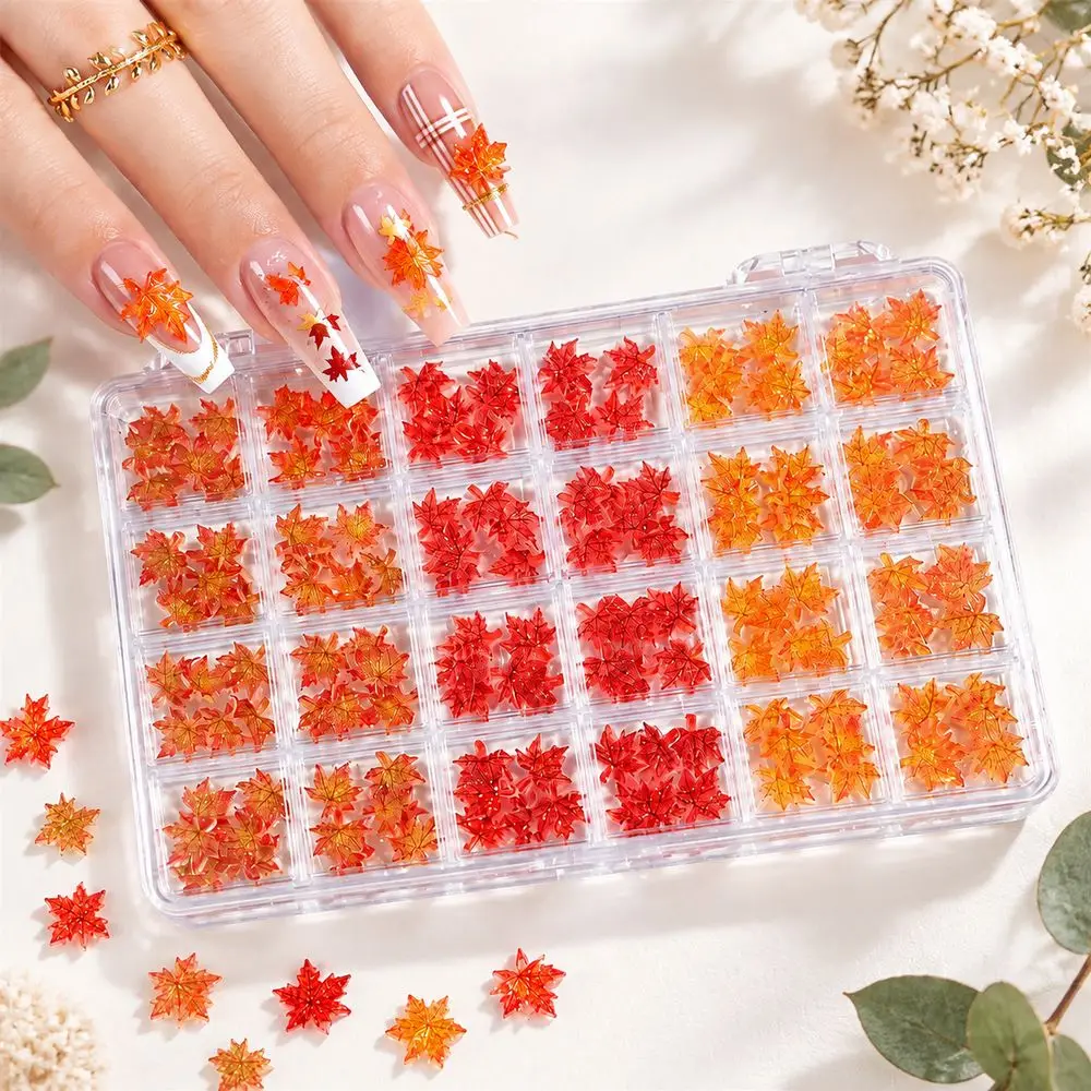 24Grids Transparent Nail Charms Maple Leaf Autumn 3D Resin Red Orange Yellow Gradient Nail Decorations for DIY Nail Design