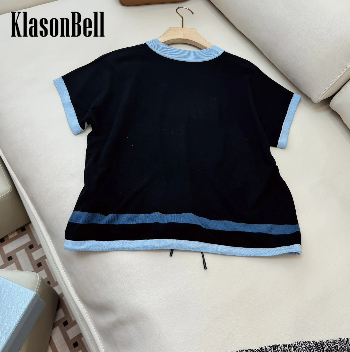 9.4 KlasonBell Women Drawstring Bandage Hem Design Classic Fashion Lock Chain Print Silk Spliced Short Sleeve Loose T-Shirt