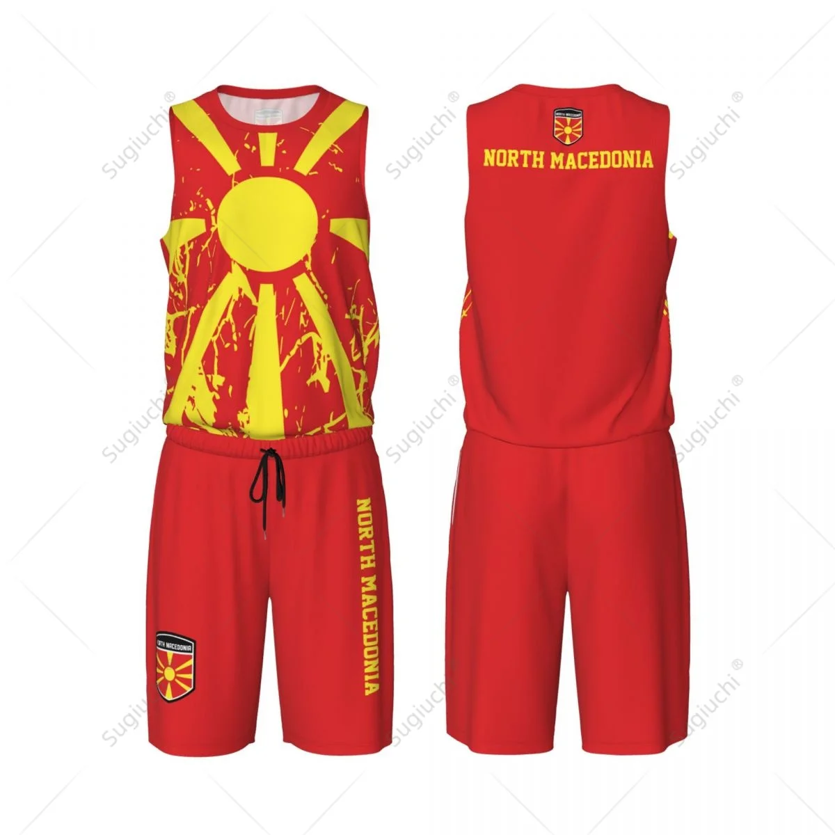 North Macedonia Flag Grain Men Basketball Set Shirt & Pants Sleeveless